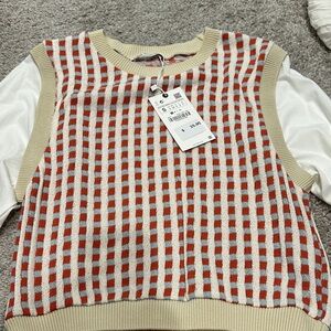 Zara Orange Red and Cream Checkered Sweater Vest